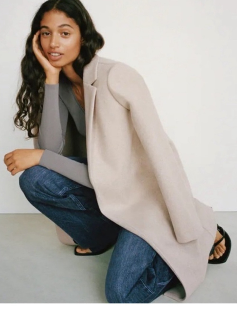 Zara Lapel Coat Sand Marl Cream Overcoat Topcoat Size US XL - Picture 3 of 7